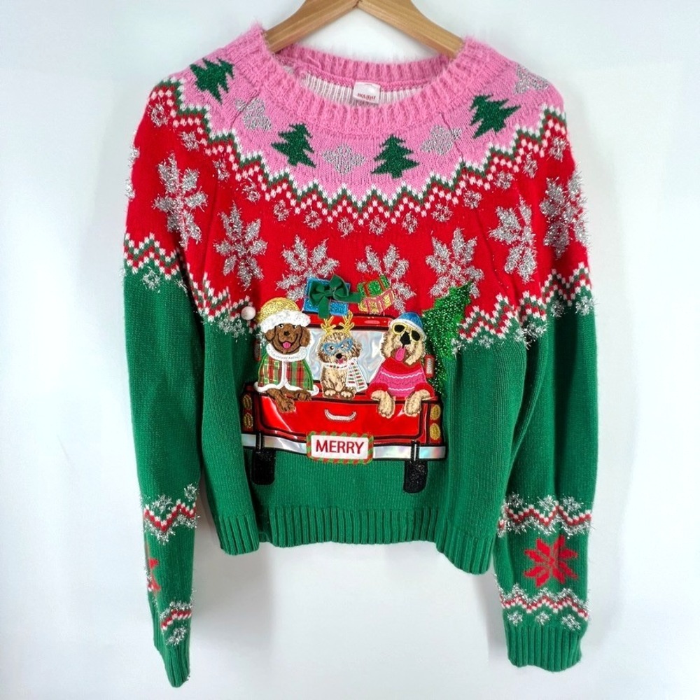 Ugly Christmas Sweater L Holiday Time Dogs Truck Tinsel Festive Whimsical Kitsch
